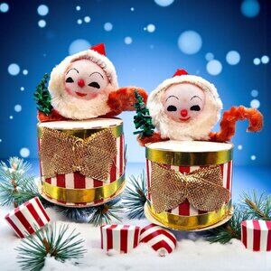 Vintage 1950s Santa Elf Drum Ornaments Set of 2 Red White Gold Chenille & Tinsel
